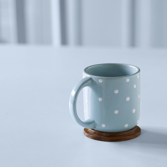 Ceramic Mug Polka Dots W/Wdn Lid Blue (Set of 4)