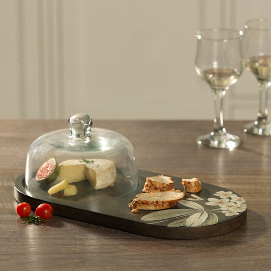 Frangipani Glass Cloche with Wooden Platter